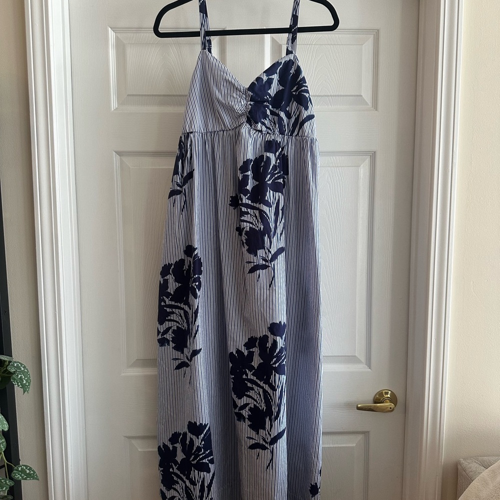 Abercrombie & Fitch Blue and White Striped Maxi Dress with Navy Floral Print